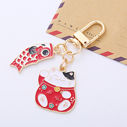 Red Alloy Enamel Pendant Keychain, with Alloy Swivel Clasps, Koi Fish with Fortune Cat, Red, 6.5cm