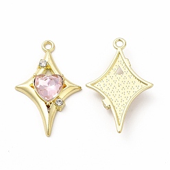 Pink Rack Plating Alloy with Glass Pendants, Star with Heart Charms, Light Gold, Cadmium Free & Nickel Free & Lead Free, Pink, 30.5x19.5x5mm, Hole: 1.8mm