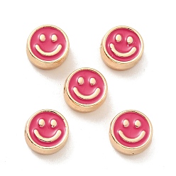 Camellia Alloy Enamel Beads, Golden, Flat Round with Smiling Face, Camellia, 8x4mm, Hole: 1.6mm