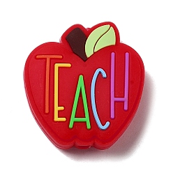 Roja Manzana del día del maestro con palabra enseñar cuentas focales de silicona, masticar cuentas para mordedores, diy collares de enfermería haciendo, rojo, 30x28x9 mm, agujero: 2.5 mm