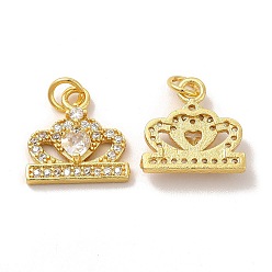 Real 18K Gold Plated Rack Plating Brass & Cubic Zirconia Charms, with Jump Ring, Lead Free & Cadmium Free, Long-Lasting Plated, Crown Charm, Real 18K Gold Plated, 14.5x14.5x3.5mm, Hole: 3.5mm
