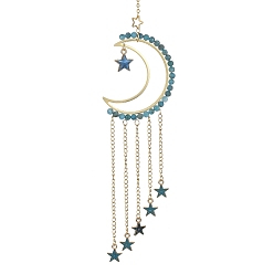 Apatite Natural Apatite & Brass Moon Pendant Decorations, with Alloy Enamel Star Charms, for Home Moon Decorations, 225mm