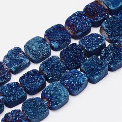 Blue Plated Electroplated Natural Druzy Quartz Crystal Bead Strands, Square, Grade AB, Blue Plated, 10~10.5x10~10.5x5~6.5mm, Hole: 1mm, about 20pcs/strand, 7.8 inch(200mm)