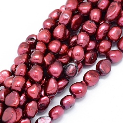 Dark Red Dyed Natural Cultured Freshwater Pearl Beads Strands, Oval, Dark Red, 10~15x6~10mm, Hole: 0.8mm, about 30~34pcs/strand, 14.1 inch(36cm)