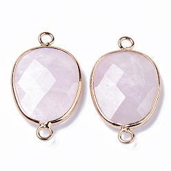 Rose Quartz Natural Rose Quartz Links Connectors, with Light Gold Plated Edge Brass Loops, Oval, Faceted, 30.5~31.5x17.5x5~6mm, Hole: 2mm