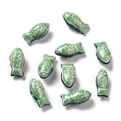 Lime Green Handmade Printed Porcelain Beads, Famille Rose Porcelain, Fish, Lime Green, 11x21.5~22x9mm, Hole: 1.5~1.8mm