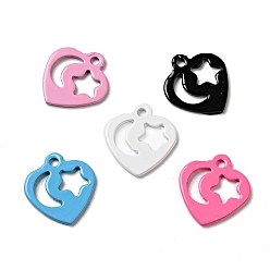 Mixed Color Spray Painted 201 Stainless Steel Charms, Heart with Star & Moon Pattern, Mixed Color, 12x11.5x1mm, Hole: 1.4mm