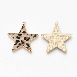 Wheat Eco-Friendly Cowhide Leather  Pendants, with Golden Plated Alloy Cabochon Settings, Star with Leopard Print Pattern, Wheat, 36.5x35x2~3mm, Hole: 1.8mm