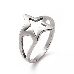 Stainless Steel Color 201 Stainless Steel Star Finger Ring, Hollow Wide Ring for Women, Stainless Steel Color, US Size 6 1/2(16.9mm)