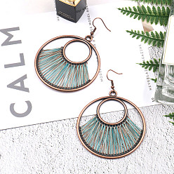 Medium Turquoise Creative Design Alloy Dangle Earrings, with Yarn, Flat Round, Red Copper, Medium Turquoise, 75x55mm