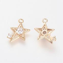 Golden Brass Micro Pave Cubic Zirconia Pendants, Real 18K Gold Plated, Star, 15.5x10x3mm, Hole: 1.5mm