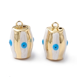 White Brass Enamel Pendants, Real 18K Gold Plated, Barrel with Evil Eye Charm, White, 25x16.5x16mm, Hole: 2.2mm