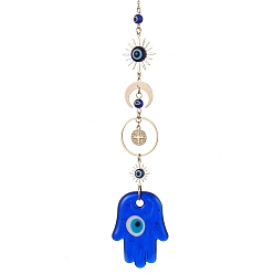 Hamsa Hand Blue Evil Eye Lampwork Pendant Decorations, with Brass Star/Moon Link, Hanging Ornaments, Hamsa Hand, 228mm