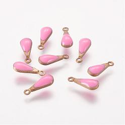 Pink Antique Golden Plated Brass Enamel Teardrop Charms, Enamelled Sequins, Pink, 11x4x3mm, Hole: 1mm