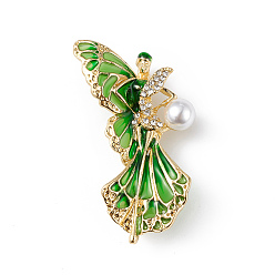 Vert Broche émail fée papillon avec strass cristal, Style, insigne en alliage d'or clair avec perle en plastique perlée pour femme, verte, 50.5x32x13.5mm