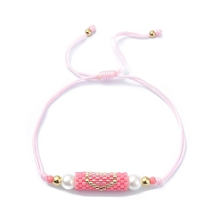 Rose Nacré Colonne de perles et de graines de verre avec bracelet à maillons en forme de cœur, bracelet réglable pour femme, perle rose, diamètre intérieur: 3/8~3-1/4 pouce (1~8.3 cm)