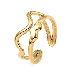 Real 18K Gold Plated 304 Stainless Steel Open Cuff Rings, Heart, Real 18K Gold Plated, US Size 6 1/2(16.9mm)