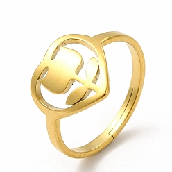 Chapado en Oro Real 18K Chapado en iones (ip) 304 corazón de acero inoxidable con flor anillo ajustable para mujer, real 18 k chapado en oro, tamaño de EE. UU. 6 (16.5 mm)