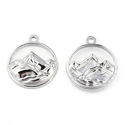 Stainless Steel Color 201 Stainless Steel Pendants, Flat Round with Mountain Charm, Stainless Steel Color, 24x20x3mm, Hole: 1.8mm