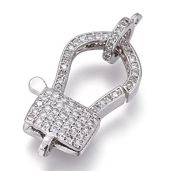 Real Platinum Plated Brass Micro Pave Cubic Zirconia Lobster Claw Clasps, with Bail Beads/Tube Bails, Long-Lasting Plated, Rectangle, Clear, Real Platinum Plated, 25x14x5.5mm, Hole: 2x2mm, Tube Bails: 10x8x2mm, hole: 1.4mm