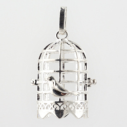 Серебро Подвески из латуни, для ожерелья, клетка, серебряный цвет гальваническим, 38x26x22 мм, отверстия: 4x8 мм, Внутренняя мера: 18x23 мм