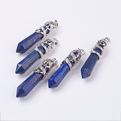 Lapis Lazuli Lapis lazuli naturel gros pendentifs pointus, avec les accessoires en alliage, facette, balle, platine, 59~63x11~12mm, Trou: 4x7mm