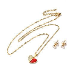 Red Clear Cubic Zirconia Heart with Enamel Pendant Necklace & Stud Earrings, Golden 304 Stainless Steel Jewelry Set for Women, Red, 510mm, 13x5.5mm, Pin: 0.7mm
