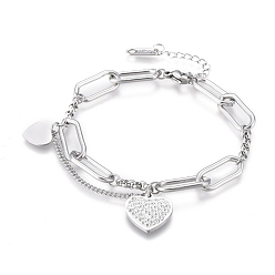 Stainless Steel Color 304 Stainless Steel Charm Bracelets, Chain Bracelets, with Polymer Clay Rhinestone and Lobster Claw Clasps, Heart, Stainless Steel Color, 6-7/8 inch(17.5cm)