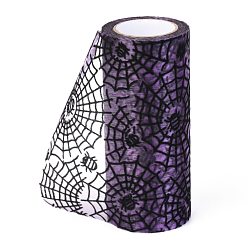Violet Foncé Rubans de maille déco halloween, tissu de tulle, pour emballage cadeau bricolage, décoration murale de fête à la maison, motif d'araignée et de toile d'araignée, violet foncé, 5-1/8 pouces (129 mm), 10 yards / rouleau (9.14m / roll)