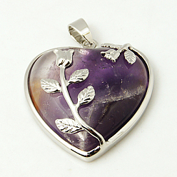Amethyst Natural Amethyst Pendants, with Alloy Findings, Heart, 37x33x8mm, Hole: 7x4mm