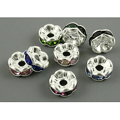 Mixed Color Brass Rhinestone Spacer Beads, Grade A, Wavy Edge, Silver Color Plated, Rondelle, Mixed Color, 6x3mm, Hole: 1mm