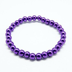 Dark Violet Stretchy Glass Pearl Bracelets, with Elastic Cord, Dark Violet, 8x55mm