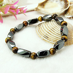 Tiger Eye Round Natural Tiger Eye Stretch Bracelets, with Non-Magnetic Synthetic Hematite Beads and Elastic Cord, 50mm
