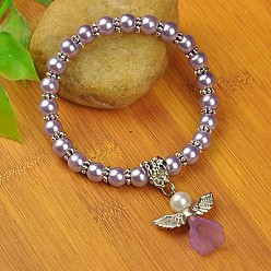 Lilac Lovely Wedding Dress Angel Bracelets for Kids, Carnival Stretch Bracelets, with Glass Pearl Beads and Tibetan Style Beads, Lilac, 45mm