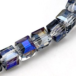 Pourpre Moyen Perles en verre electroplate, arc-en-ciel plaqué, facette, cube, support violet, 7x7x7mm, Trou: 1mm