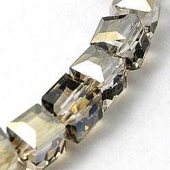 Bronze Perles en verre electroplate, arc-en-ciel plaqué, facette, cube, tan, 10~11x10~11x10~11mm, Trou: 1mm