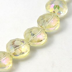 Light Yellow Electorplated Glass Beads, Rainbow Plated, Faceted, Flat Round, Light Yellow, 14x9mm, Hole: 1mm