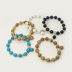 Pierre Mélangete Bracelets de perles de pierre gemme de mode, bracelets élastiques, avec des perles anciennes en alliage d'argent, pierre mixte naturelle et synthétique, 55mm