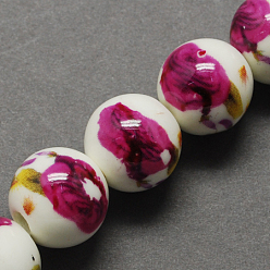 Rouge Violet Moyen Perles de porcelaine imprimés faits à la main, ronde, support violet rouge, 8mm, Trou: 2mm
