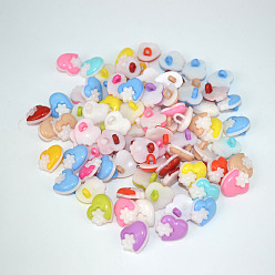 Mixed Color Heart with Flower Buttons, ABS Plastic Button, Mixed Color, about 15mm in diameter, hole: 3mm, about 400pcs/bag