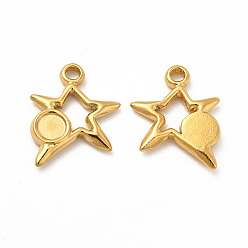 Real 18K Gold Plated Ion Plating(IP) 304 Stainless Steel Pendants Cabochon Settings, Star with Round Tray, Real 18K Gold Plated, 14.5x13x2mm, Hole: 1.6mm, Tray: 4mm