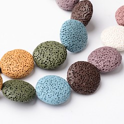 Mixed Color Natural Lava Rock Bead Strands, Flat Round, Dyed, Mixed Color, 20~21.5x7~8mm, Hole: 1mm, about 19pcs/strand, 15.35 inch