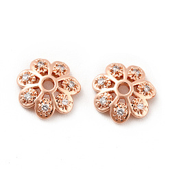 Rose Gold Brass Micro Pave Clear Cubic Zirconia Bead Caps, Cadmium Free & Lead Free, Multi-Petal, Flower, Rose Gold, 8x2mm, Hole: 1.2mm