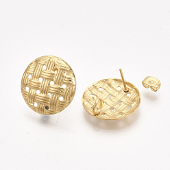 Golden 304 Stainless Steel Stud Earring Findings, with Loops and Ear Nuts/Earring Backs, Imitation Woven Rattan Pattern, Flat Round, Golden, 20mm, Hole: 4mm, Pin: 0.7mm