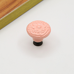 Pink Porcelain Cabinet Door Knobs, Kitchen Drawer Pulls Cabinet Handles, Flat Round with Flower Pattern, Pink, 34x32mm
