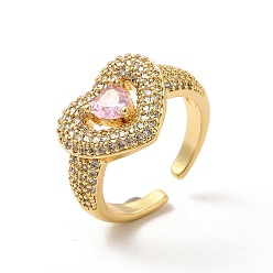 Pink Открытое кольцо-манжета в форме сердца из кубического циркония, настоящие позолоченные украшения из латуни для женщин, без кадмия и без свинца, розовые, внутренний диаметр: 18 мм