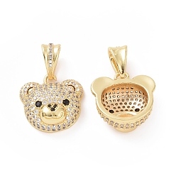 Clear Brass Micro Pave Cubic Zirconia Pendants, Bear Head Charm, Real 18K Gold Plated, Clear, 19x19x8mm, Hole: 5x8mm