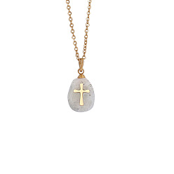 Labradorite Natural Labradorite Oval with Cross Pendant Necklace, Stainless Steel Jewelry for Women, Golden, 15.75 inch(40cm)