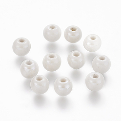 White Pearlized Handmade Porcelain Round Beads, White, 15mm, Hole: 2mm