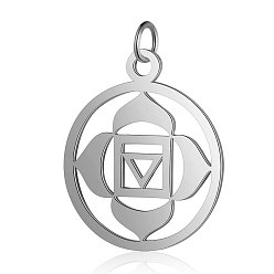 Stainless Steel Color 304 Stainless Steel Pendants, Chakra, Muladhara, Flat Round with Flower, Stainless Steel Color, 22.5x19x1mm, Hole: 3mm